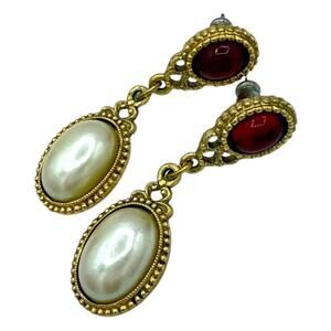 Vintage Loree Earings Surgical Steel Posts Drop Gold tone Red cabochon Pearl